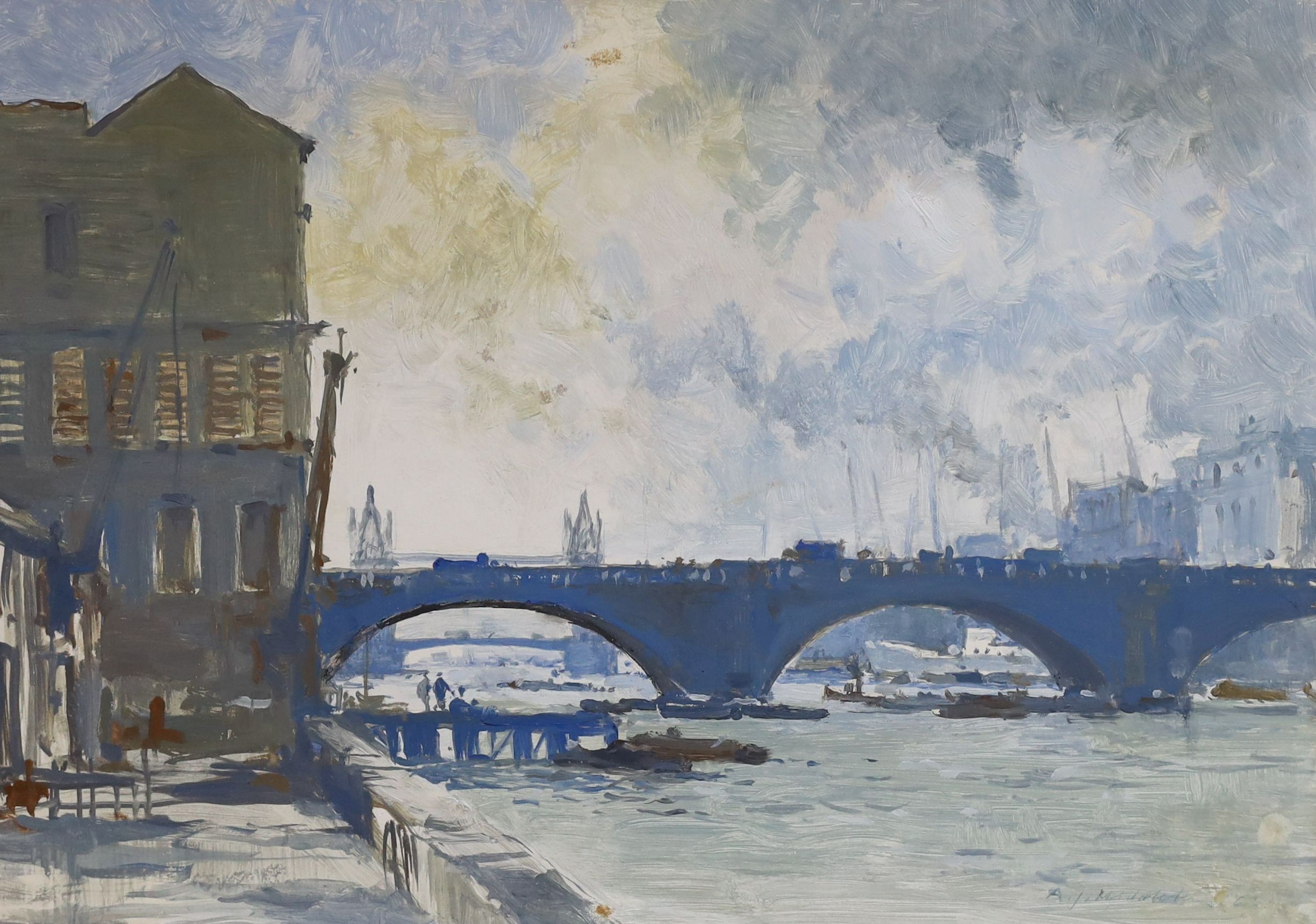 Arthur J. Middleton, oil on board, Bridge over The Thames, signed, 24 x 34cm